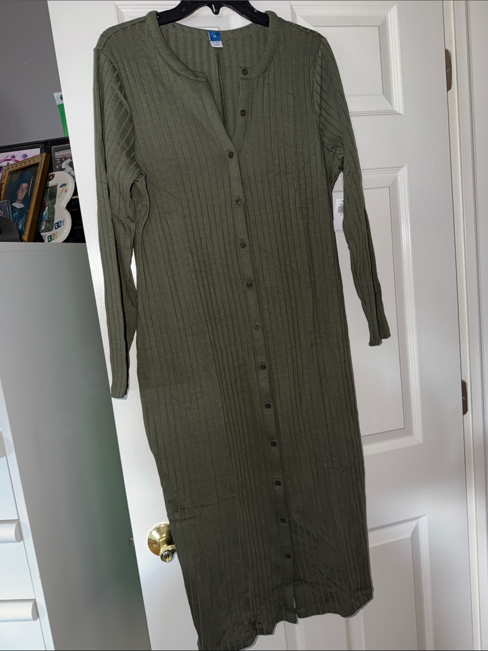 Old Navy Button-Front Ribbed Long Sleeve Dress - Olive Green